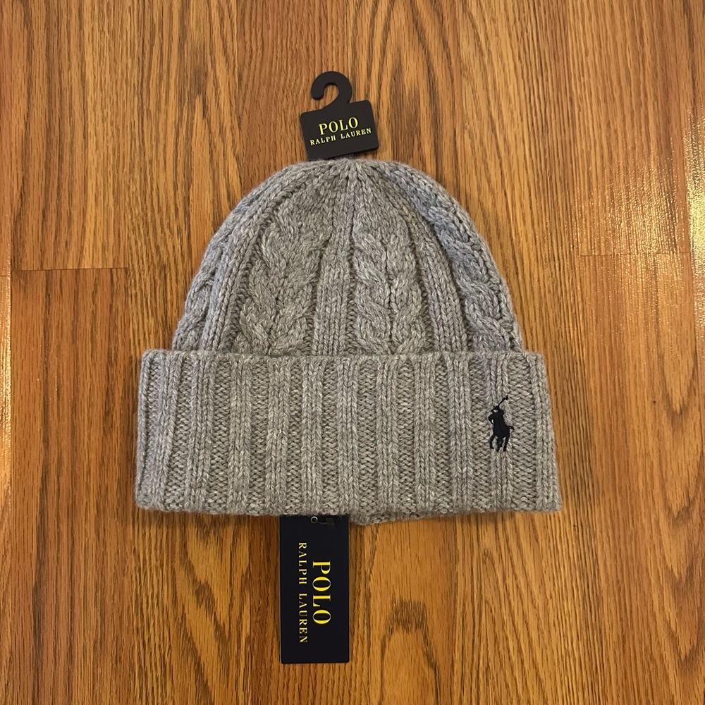 Polo Ralph Lauren Men's Grey Heather Cable Knit Wool Blend Ribbed Cuff Beanie